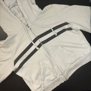 Casual White Zip-Up Hoodie with Black Stripes